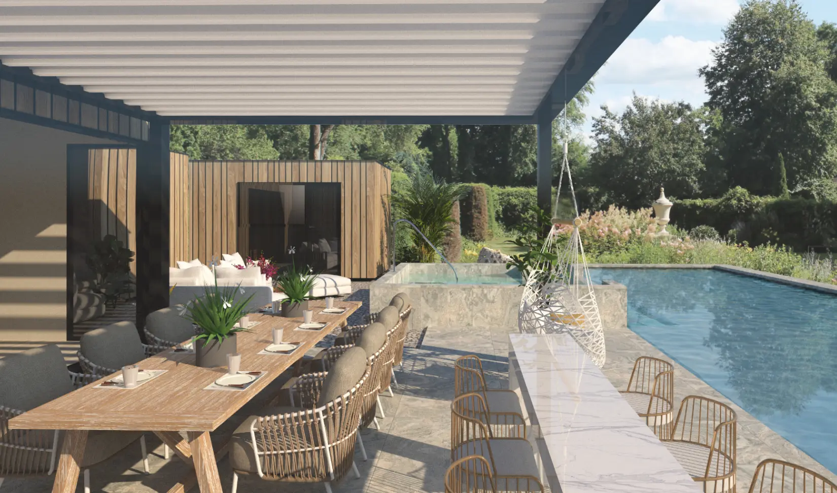 Alfrespa luxury outdoor dining area under bioclimatic pergola