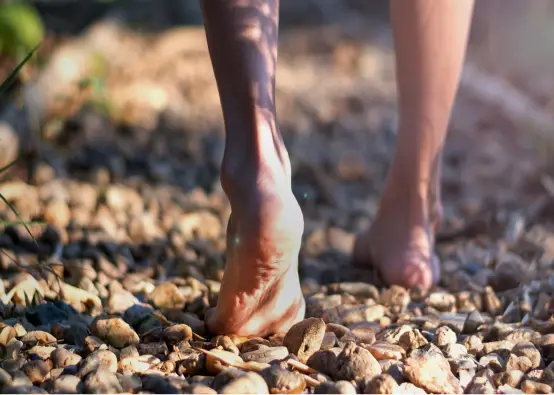 Walking along a reflexology pebble path for foot health