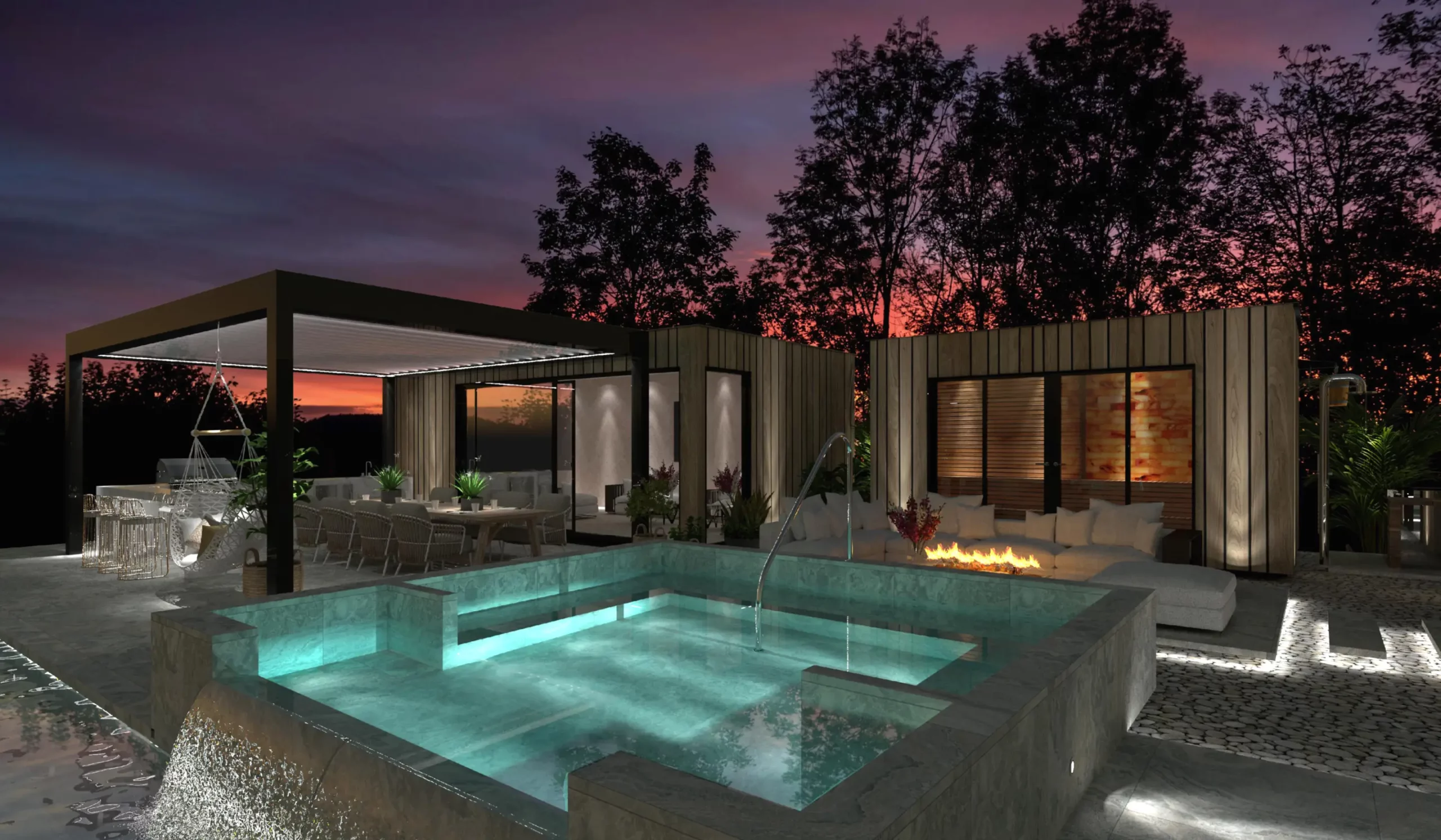 Alfrespa bespoke spa garden retreat at sunset