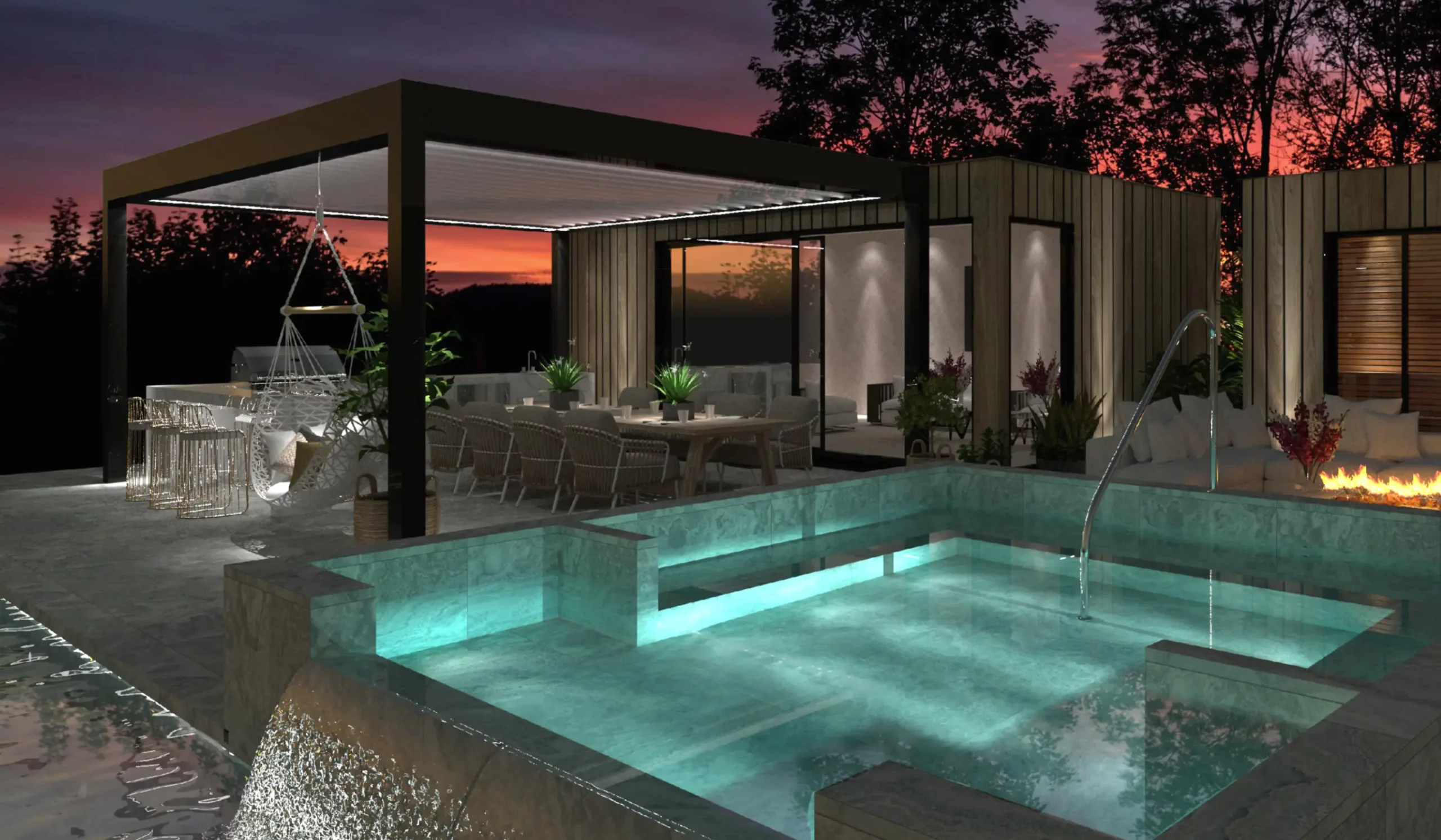 Hydropool at night in Alfrespa luxury spa garden